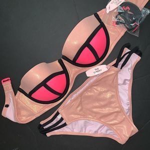 Victoria's Secret 34C BIKINI strappy bottom HOT PINK BLUSH foil black COLORBLOCK